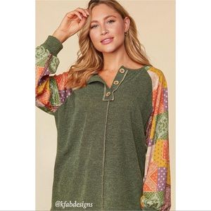 Textured Sweater Knit Color Block Bubble Sleeve
Button Detail Top!